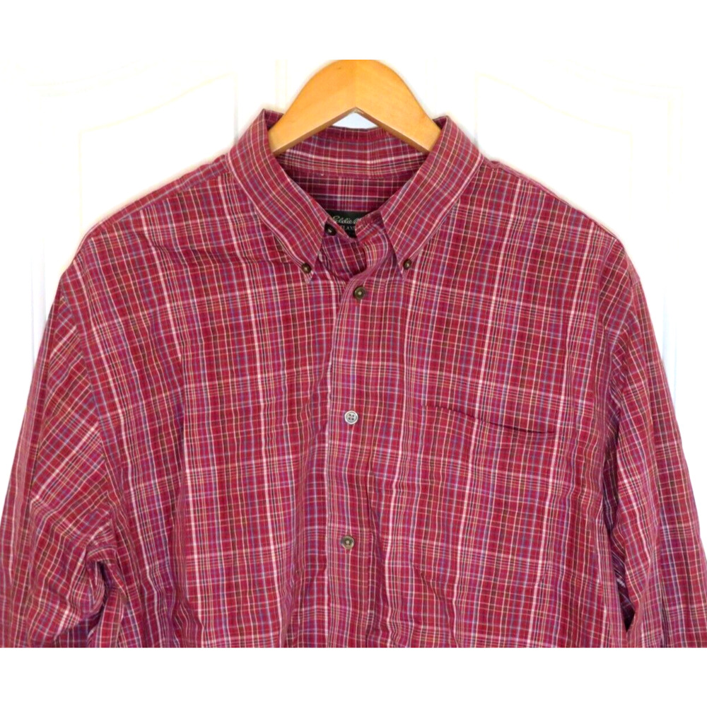 Eddie Bauer Men's Relaxed Fit Casual Dress Shirt Red Blue Brown Check Plaid Sz L